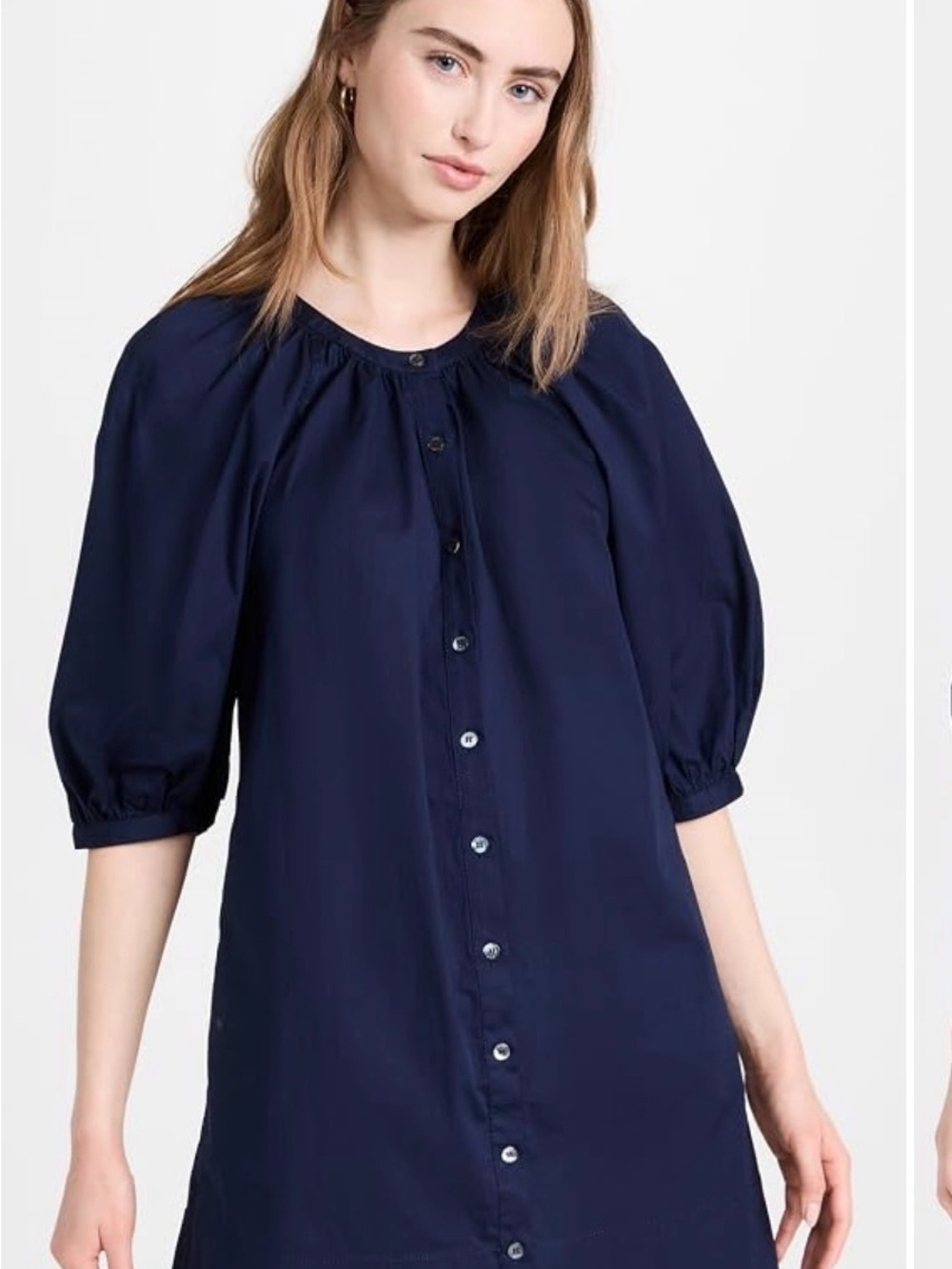 STAUD Navy Button-Front Mini Dress with Puff Sleeves